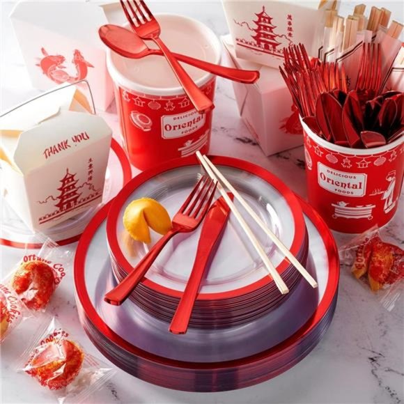 150 Pcs Clear and Red Plastic Plates for Party | Disposable Dinnerware Set - Picture 3 of 7